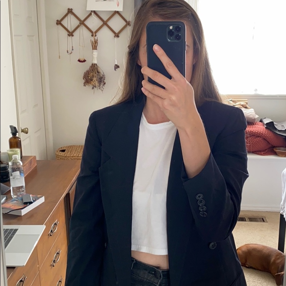 Vintage dark navy blue 90s blazer subtle pinstripe